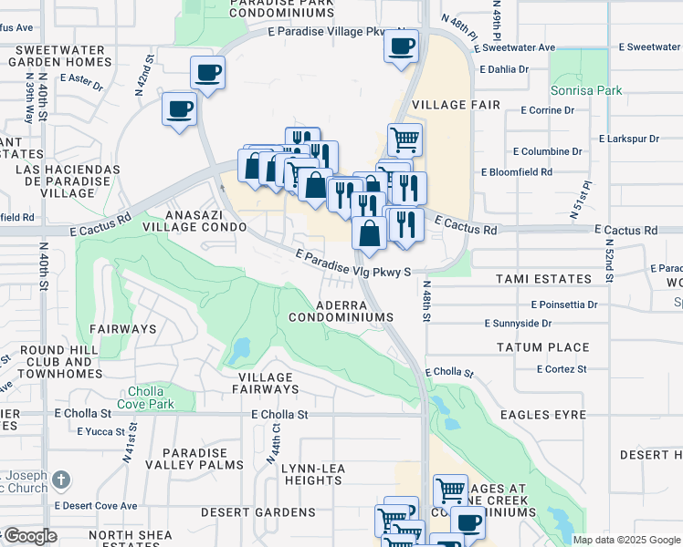 map of restaurants, bars, coffee shops, grocery stores, and more near 4465 East Paradise Village Parkway South in Phoenix