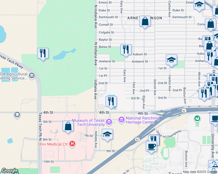 map of restaurants, bars, coffee shops, grocery stores, and more near 3132 Hartford Avenue in Lubbock