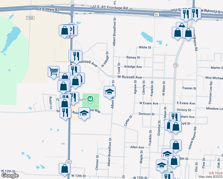 map of restaurants, bars, coffee shops, grocery stores, and more near 1913 Albert Broadfoot Street in Bonham