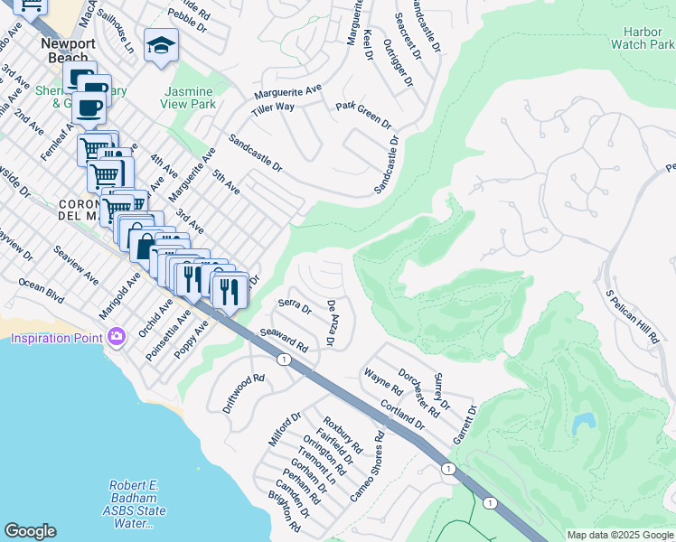 map of restaurants, bars, coffee shops, grocery stores, and more near 448 Isabella Terrace in Newport Beach