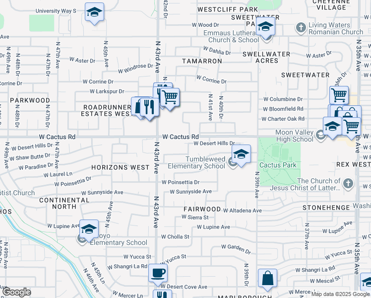 map of restaurants, bars, coffee shops, grocery stores, and more near 12028 North 41st Drive in Phoenix
