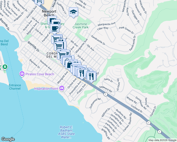 map of restaurants, bars, coffee shops, grocery stores, and more near 505 Poinsettia Avenue in Newport Beach