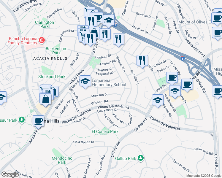 map of restaurants, bars, coffee shops, grocery stores, and more near 25232 Earhart Road in Laguna Hills