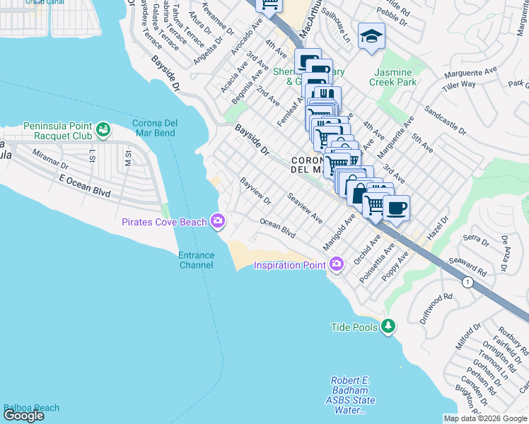 map of restaurants, bars, coffee shops, grocery stores, and more near 207 Iris Avenue in Newport Beach
