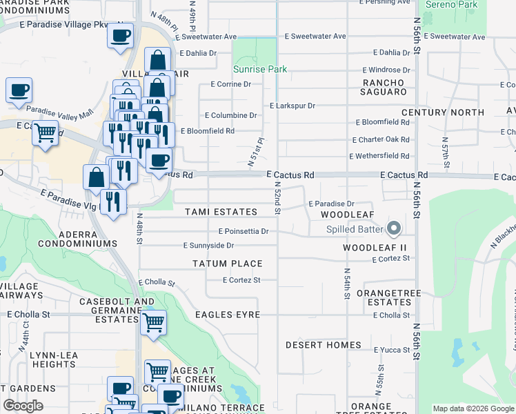 map of restaurants, bars, coffee shops, grocery stores, and more near 5119 East Paradise Drive in Scottsdale