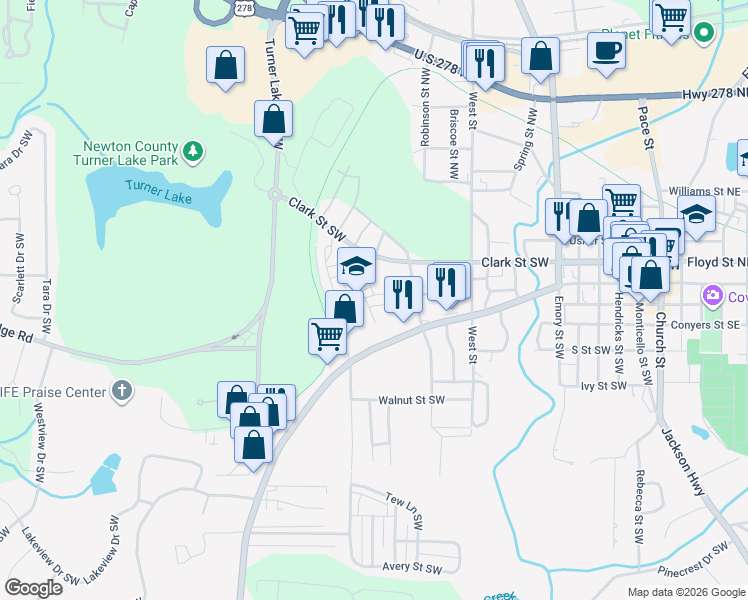 map of restaurants, bars, coffee shops, grocery stores, and more near 4149 Raphael Street in Covington