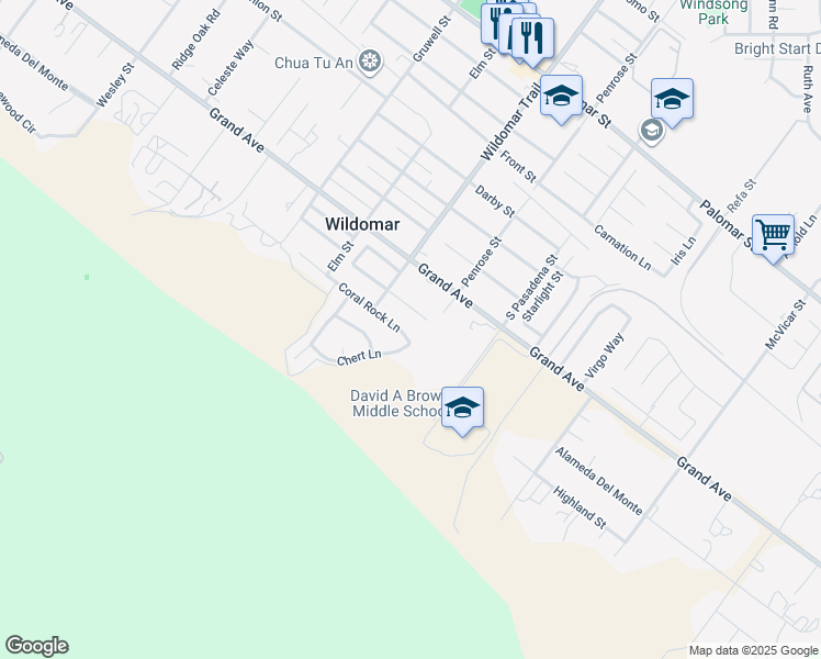map of restaurants, bars, coffee shops, grocery stores, and more near 21649 Pumice Lane in Wildomar