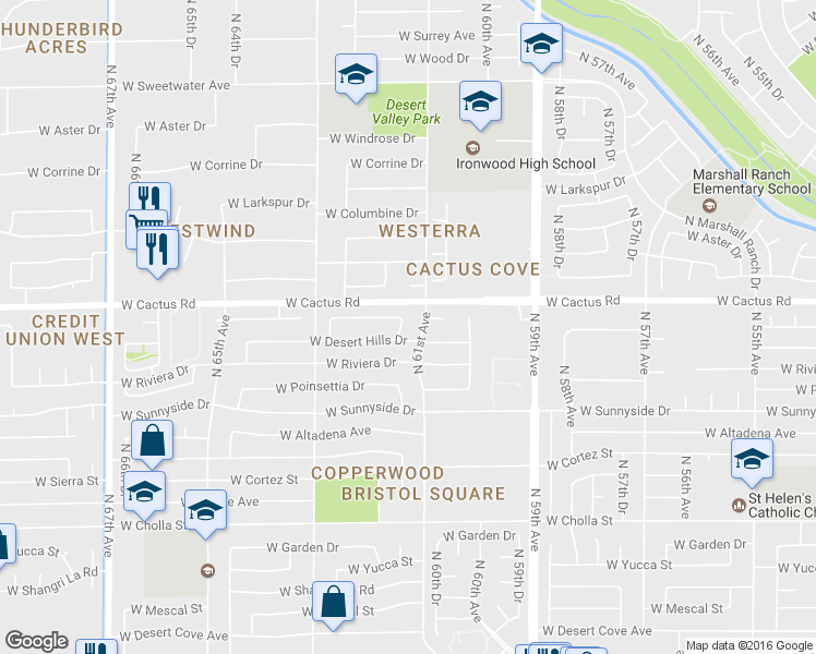 map of restaurants, bars, coffee shops, grocery stores, and more near 12019 North 61st Drive in Glendale