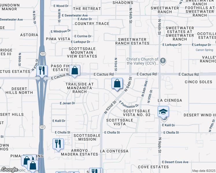 map of restaurants, bars, coffee shops, grocery stores, and more near 11957 North 92nd Place in Scottsdale