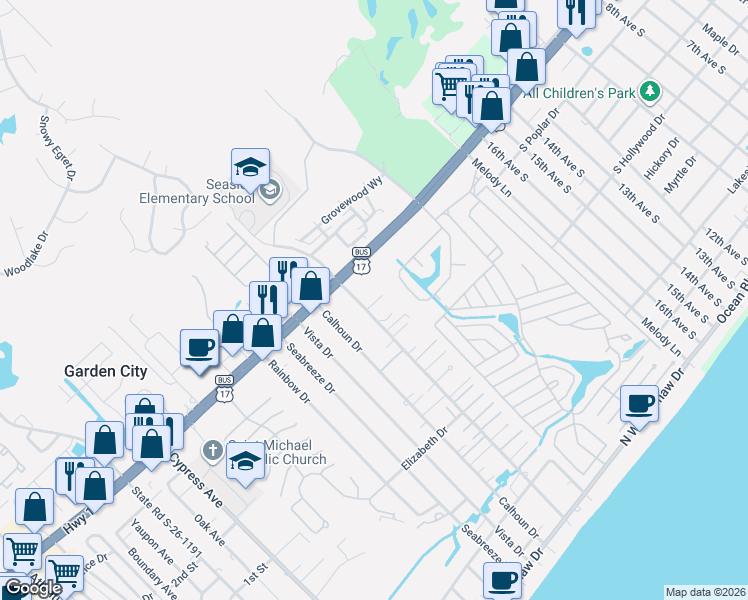map of restaurants, bars, coffee shops, grocery stores, and more near 616 Woodland Drive in Murrells Inlet
