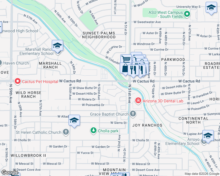 map of restaurants, bars, coffee shops, grocery stores, and more near 5206 West Paradise Drive in Glendale