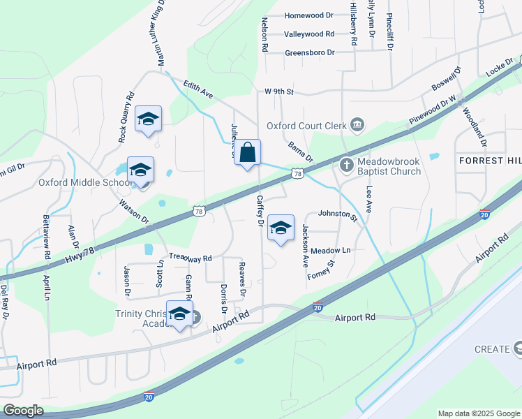 map of restaurants, bars, coffee shops, grocery stores, and more near Caffey Drive in Oxford