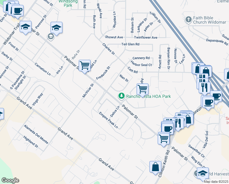 map of restaurants, bars, coffee shops, grocery stores, and more near 36220 Madora Drive in Wildomar
