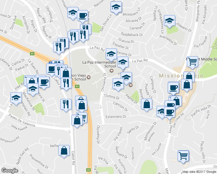 map of restaurants, bars, coffee shops, grocery stores, and more near 25301 Pericia Drive in Mission Viejo