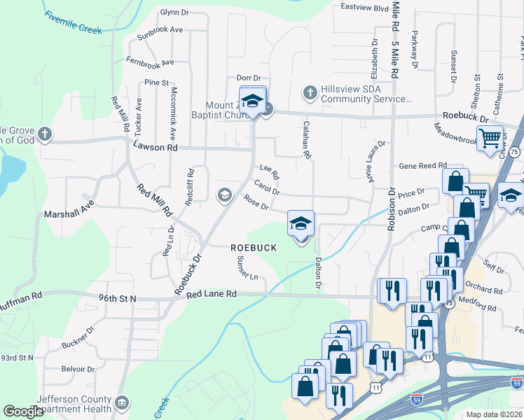 map of restaurants, bars, coffee shops, grocery stores, and more near 121 Rose Drive in Birmingham