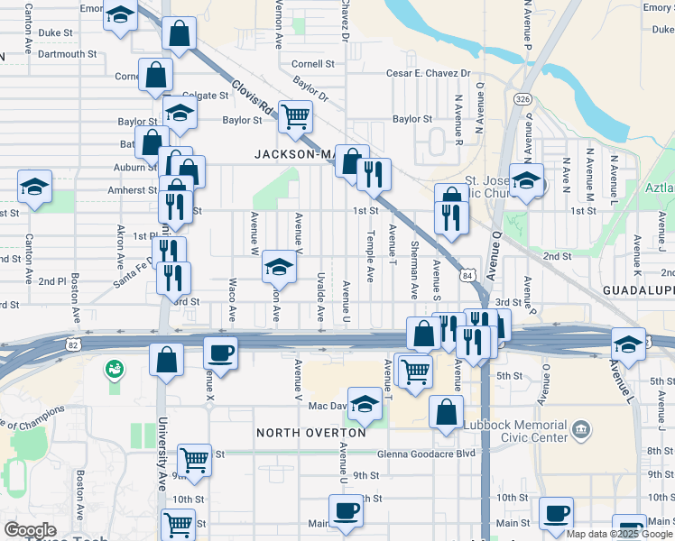 map of restaurants, bars, coffee shops, grocery stores, and more near 208 Avenue U in Lubbock