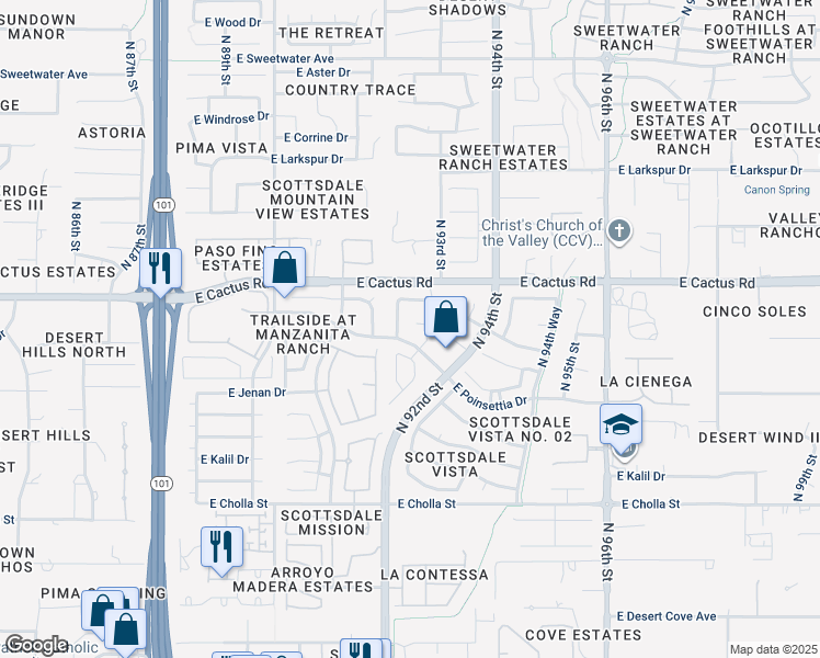 map of restaurants, bars, coffee shops, grocery stores, and more near 11957 North 92nd Place in Scottsdale