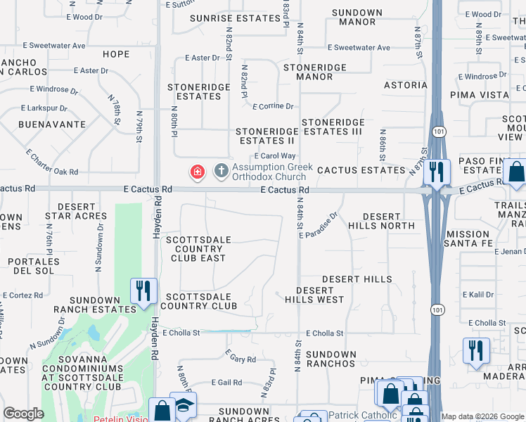 map of restaurants, bars, coffee shops, grocery stores, and more near 8336 East Sunnyside Drive in Scottsdale