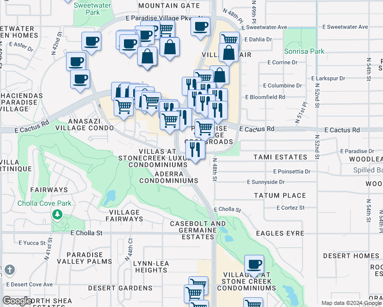 map of restaurants, bars, coffee shops, grocery stores, and more near 4725-4753 East Paradise Village Parkway South in Phoenix