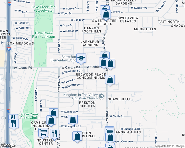 map of restaurants, bars, coffee shops, grocery stores, and more near 2015 West Cactus Road in Phoenix