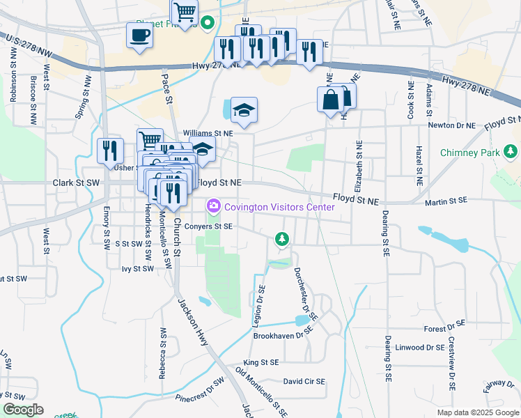 map of restaurants, bars, coffee shops, grocery stores, and more near 2135 Anderson Avenue Northeast in Covington