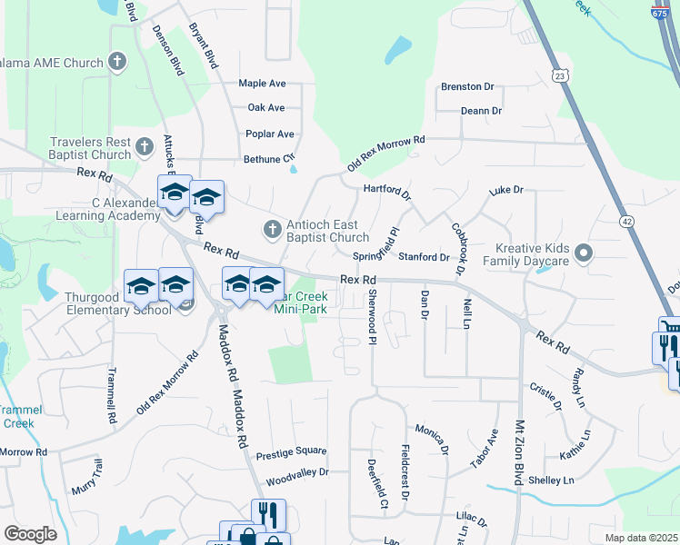 map of restaurants, bars, coffee shops, grocery stores, and more near 2436 Rex Road in Ellenwood