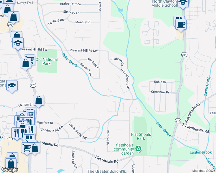 map of restaurants, bars, coffee shops, grocery stores, and more near 5866 Summerglen Lane in Atlanta