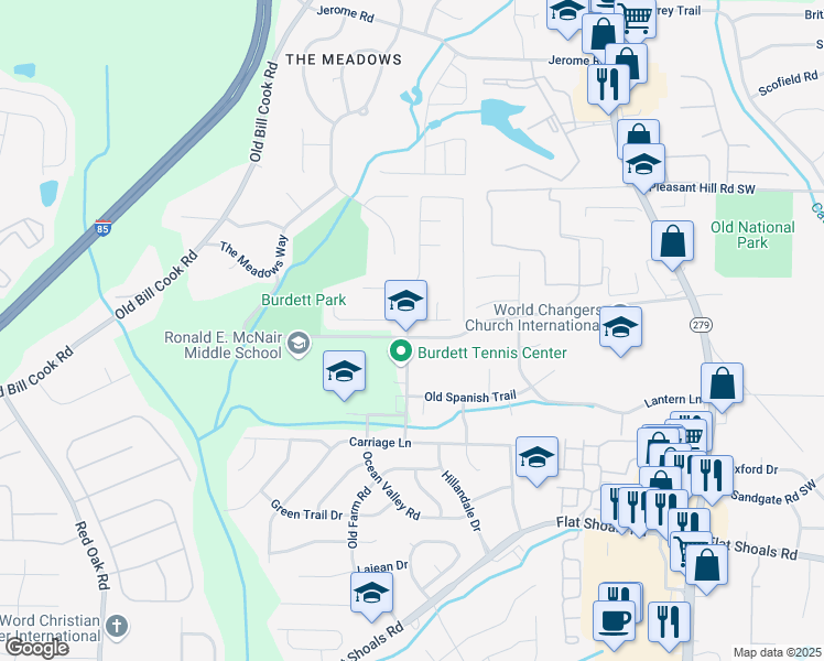 map of restaurants, bars, coffee shops, grocery stores, and more near 2210 Burdett Ridge Drive in Atlanta