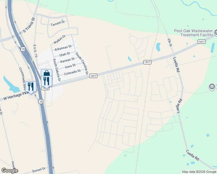 map of restaurants, bars, coffee shops, grocery stores, and more near 1001 Farm to Market Road 1417 in Sherman