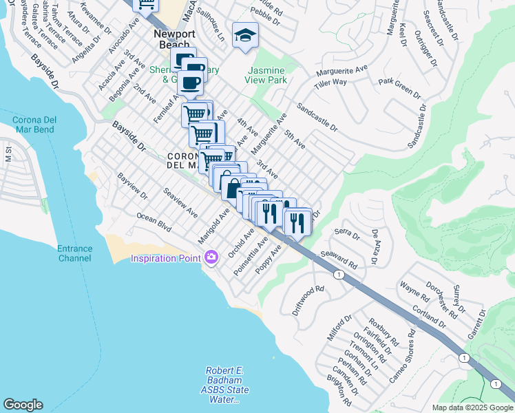 map of restaurants, bars, coffee shops, grocery stores, and more near 414 Narcissus Avenue in Newport Beach