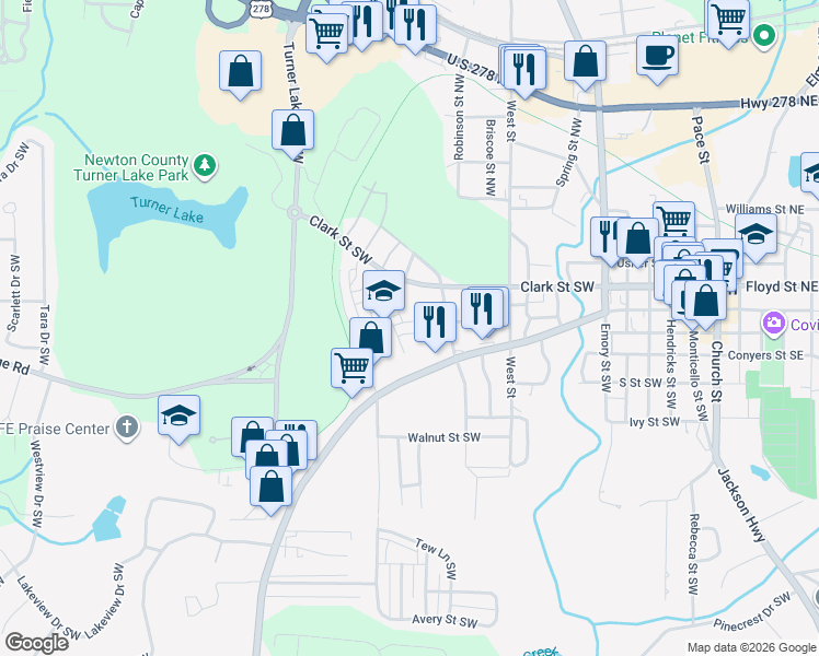 map of restaurants, bars, coffee shops, grocery stores, and more near 4149 Raphael Street in Covington