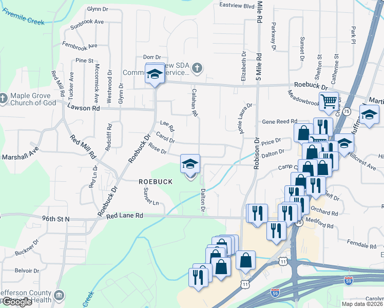 map of restaurants, bars, coffee shops, grocery stores, and more near 164 Rose Drive in Birmingham
