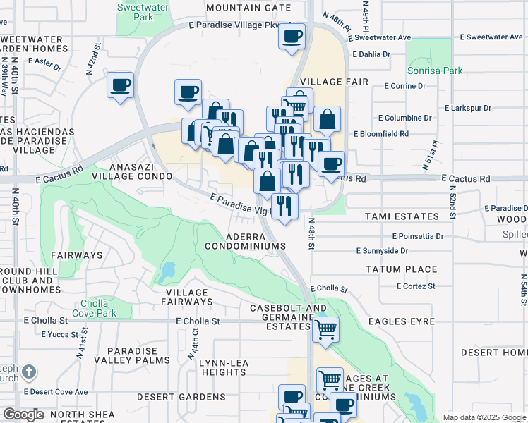 map of restaurants, bars, coffee shops, grocery stores, and more near 4704 East Paradise Village Parkway South in Phoenix