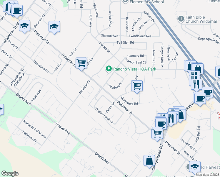 map of restaurants, bars, coffee shops, grocery stores, and more near 36220 Madora Drive in Wildomar