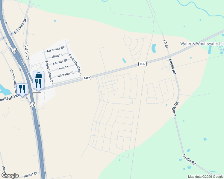 map of restaurants, bars, coffee shops, grocery stores, and more near 1202 Farm to Market Road 1417 in Sherman