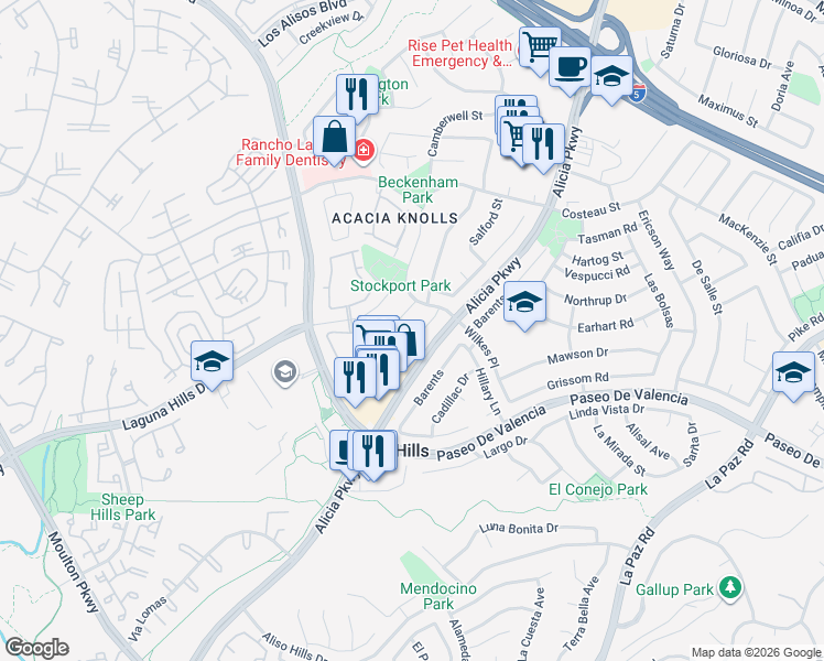 map of restaurants, bars, coffee shops, grocery stores, and more near 25241 York Circle in Laguna Hills