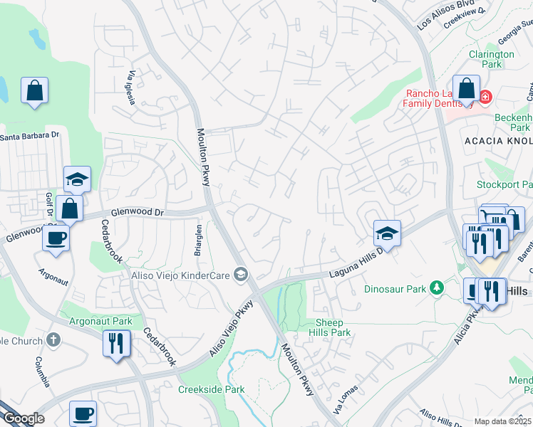 map of restaurants, bars, coffee shops, grocery stores, and more near 30 Jasmine Creek Lane in Laguna Hills