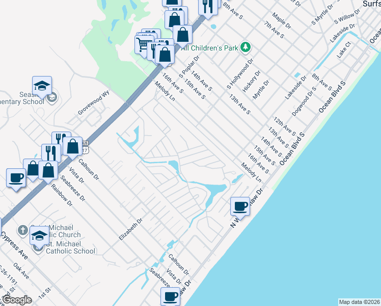 map of restaurants, bars, coffee shops, grocery stores, and more near 13 Avocet Dr in Myrtle Beach