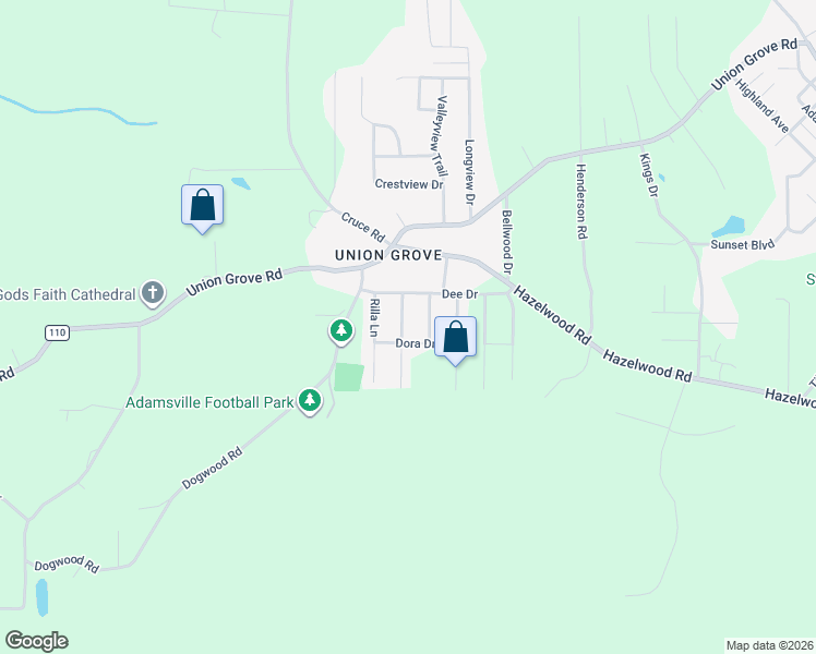 map of restaurants, bars, coffee shops, grocery stores, and more near 5005 Ellen Lane in Adamsville