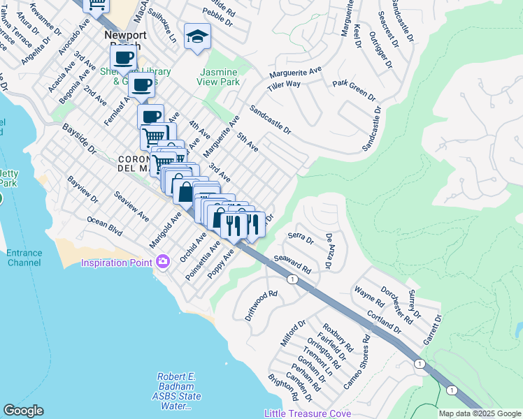 map of restaurants, bars, coffee shops, grocery stores, and more near 521 Poppy Avenue in Newport Beach