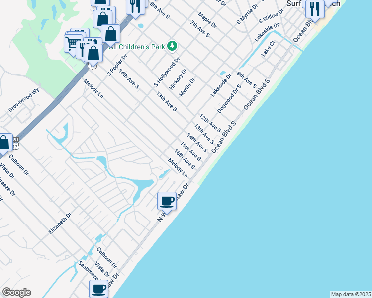 map of restaurants, bars, coffee shops, grocery stores, and more near 211 15th Avenue South in Surfside Beach