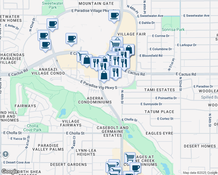 map of restaurants, bars, coffee shops, grocery stores, and more near 4725-4753 East Paradise Village Parkway South in Phoenix