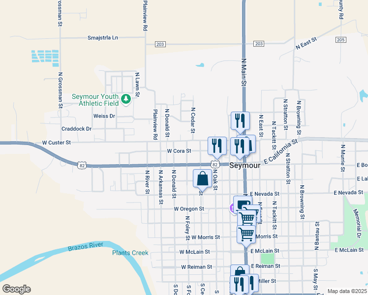 map of restaurants, bars, coffee shops, grocery stores, and more near 801 North Foley Street in Seymour