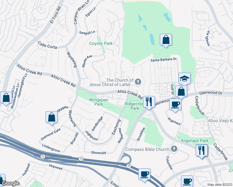 map of restaurants, bars, coffee shops, grocery stores, and more near 6227 Capobella in Aliso Viejo
