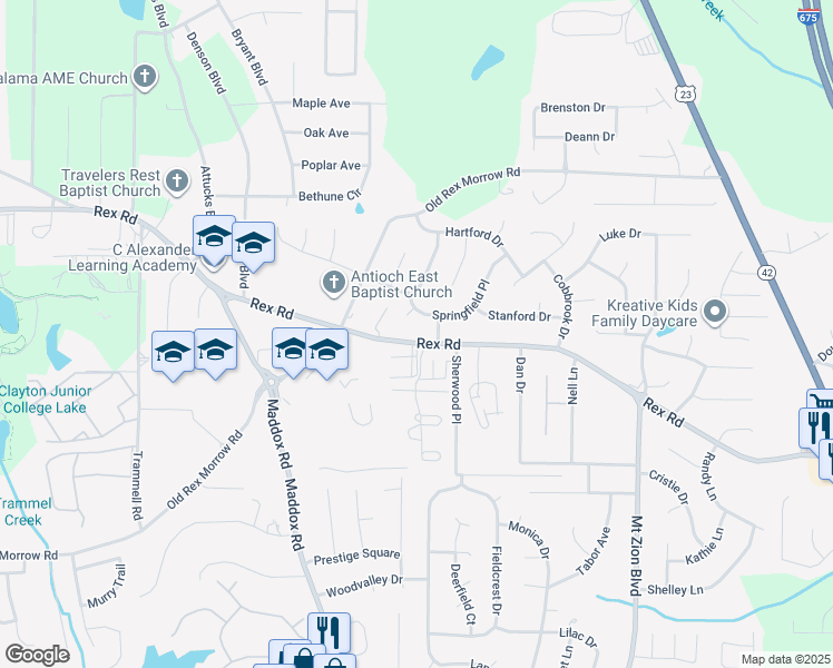 map of restaurants, bars, coffee shops, grocery stores, and more near 2436 Rex Road in Ellenwood