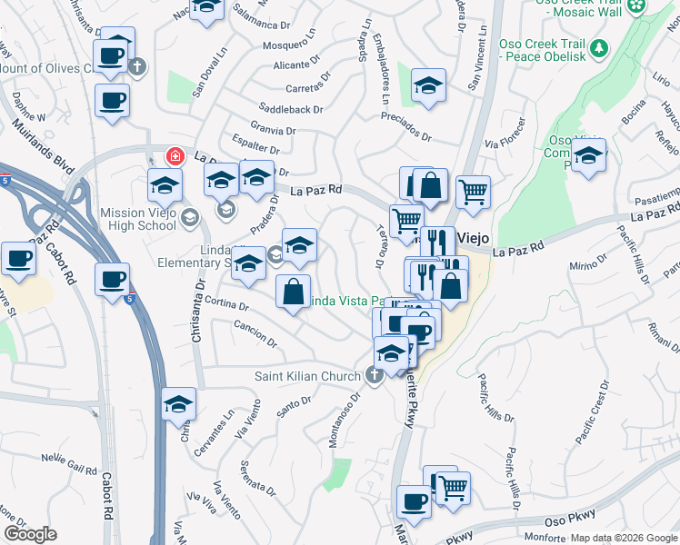 map of restaurants, bars, coffee shops, grocery stores, and more near 25302 Posada Lane in Mission Viejo