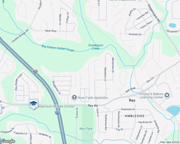 map of restaurants, bars, coffee shops, grocery stores, and more near 5828 Creekside Drive in Rex