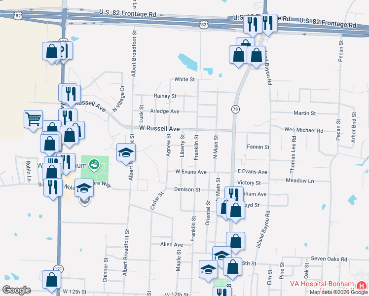 map of restaurants, bars, coffee shops, grocery stores, and more near 1924 Liberty Street in Bonham