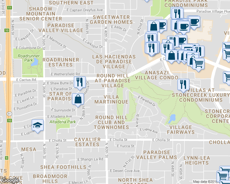 map of restaurants, bars, coffee shops, grocery stores, and more near 12009 North 40th Way in Phoenix