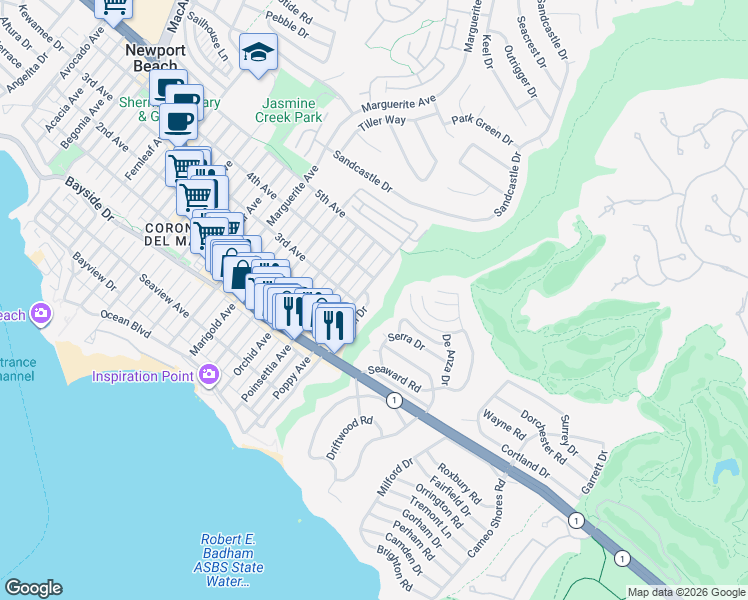 map of restaurants, bars, coffee shops, grocery stores, and more near 550 Hazel Drive in Newport Beach